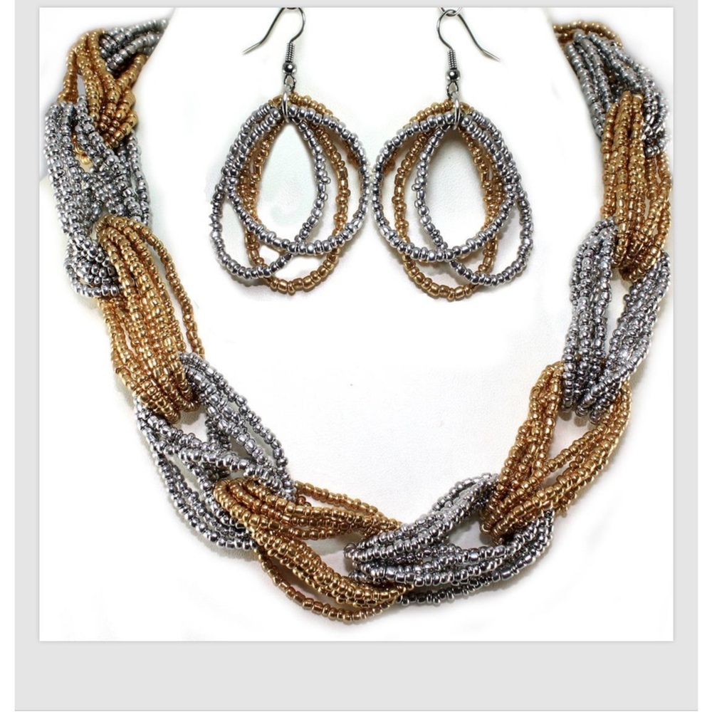 Necklace Earrings Gold Silver Seed Bead 17"-20" Jewelry Set